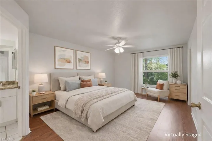 Primary Bedroom. This image has been virtually staged for illustrative purposes. Furniture and décor shown are digital and are not present in the home. Room sizes and furniture scale may not be exact.