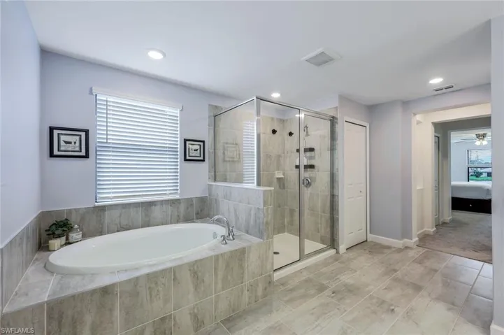 Bathroom featuring a wealth of natural light, ceiling fan, and shower with separate bathtub