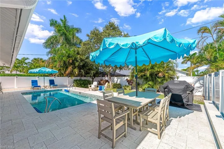 View of swimming pool with a fenced backyard, a patio, area for grilling, and outdoor dining space