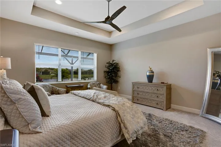 Carpeted primary bedroom featuring a ceiling fan, a tray ceiling, and baseboards