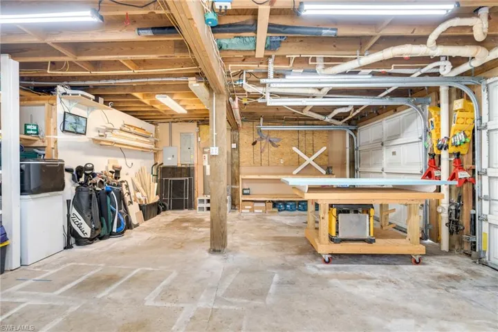Basement with electric panel and a workshop area