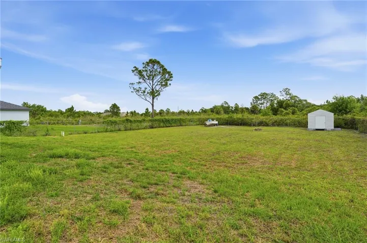 View of grassy yard with a storage shed