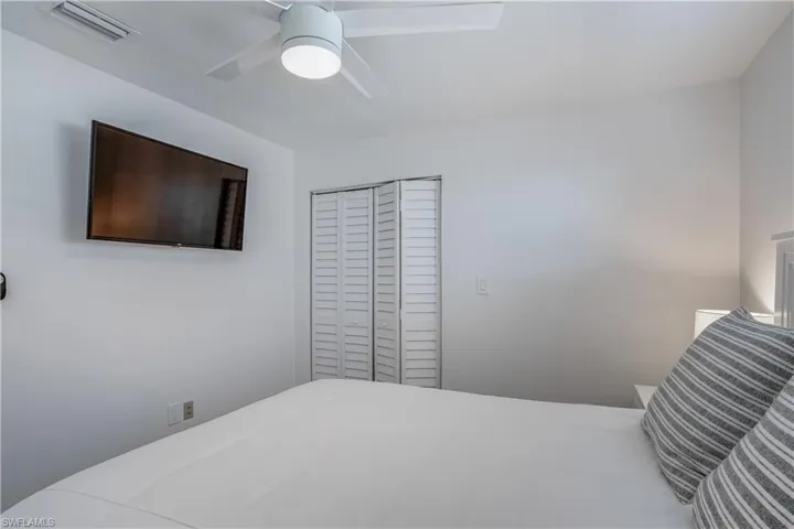 Bedroom featuring ceiling fan, a closet, and visible vents