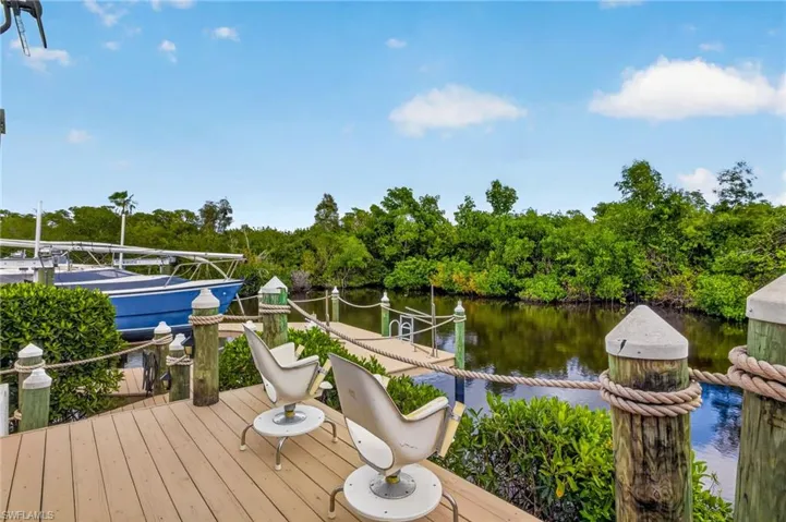 Dock area featuring a water view and view of wooded area