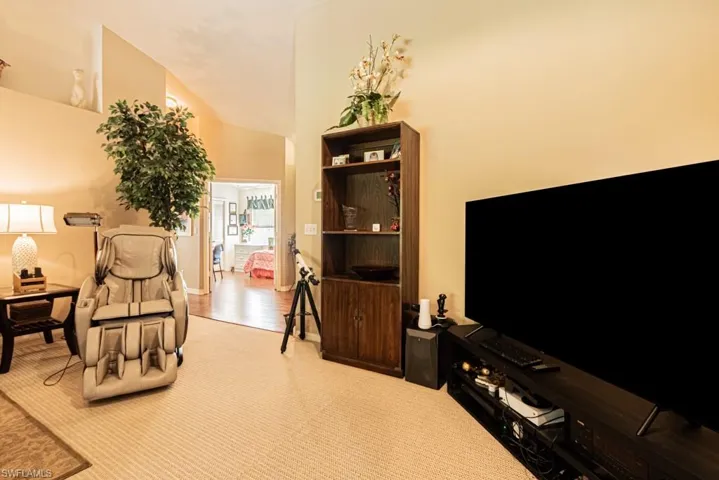 Sitting room with carpet flooring and high vaulted ceiling