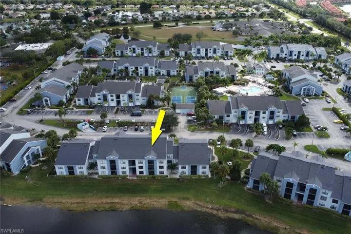 Aerial overview of property's location with a large body of water