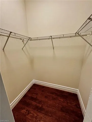 Walk in closet with dark wood finished floors