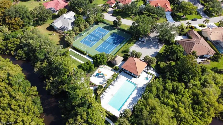Aerial view of residential area featuring a pool area