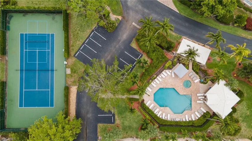 View from above of property with a pool area