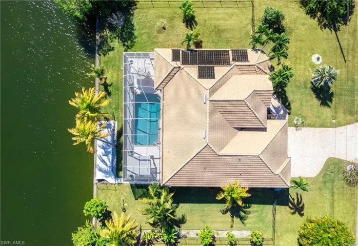 View from above of property featuring a pool