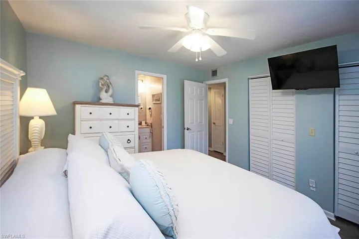 Bedroom with visible vents, a closet, and ceiling fan