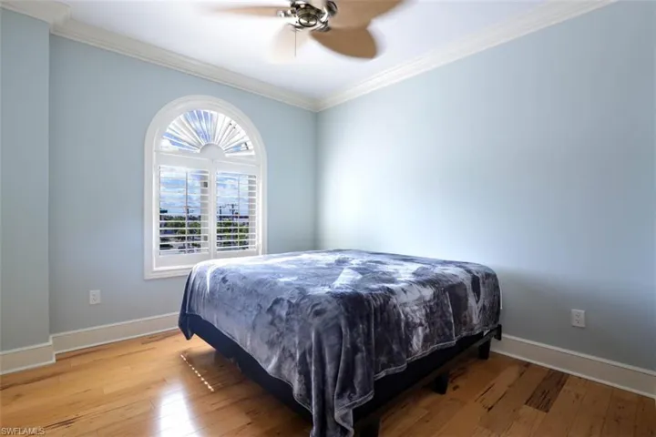 Bedroom featuring wood finished floors, ornamental molding, baseboards, and ceiling fan