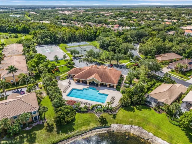 Aerial perspective of suburban area featuring a pool area
