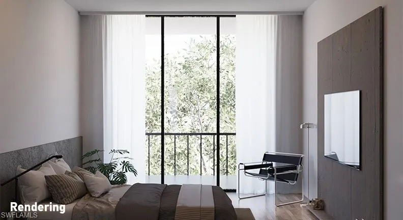 Rendering for primary bedroom.  Each bedroom boast floor to ceiling sliders overlooking the bay.