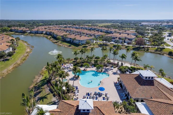 Birds eye view of property with a water view
