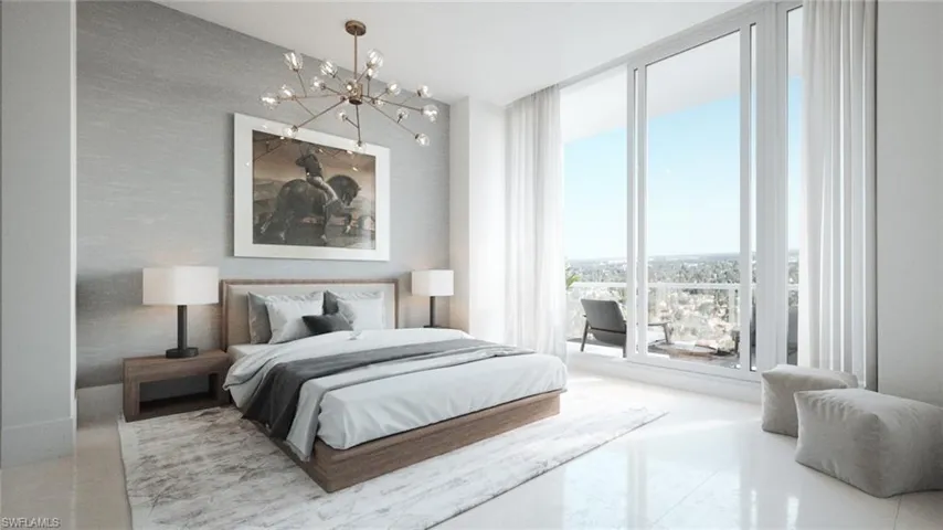 Bedroom featuring a chandelier and a wall of windows