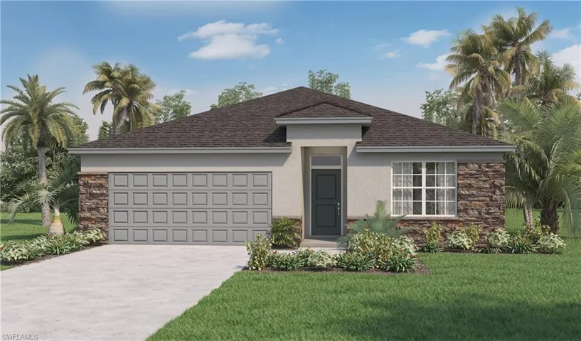 View of front of property with stucco siding, concrete driveway, a garage, stone siding, and a front lawn