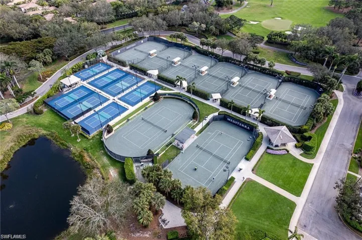 Birds eye view of property with a water view