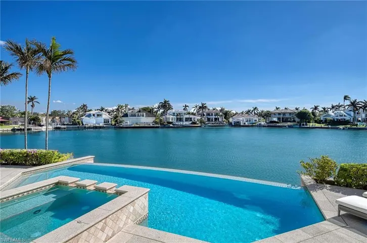 View of swimming pool featuring an in ground hot tub and a water view