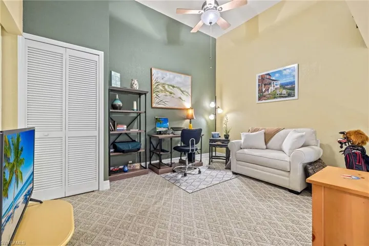 Upstairs the versatile loft welcomes you. There is carpet flooring, extra storage and high ceilings.