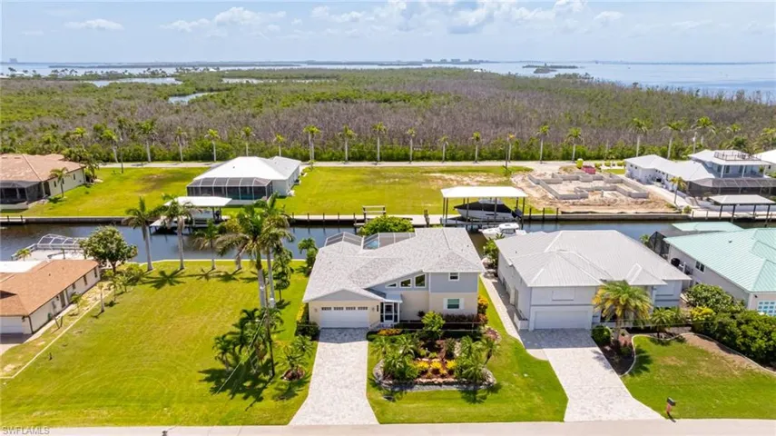 Aerial perspective of suburban area with a nearby body of water