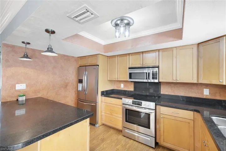 Kitchen featuring pendant lighting, light wood-type flooring, stainless steel appliances, and a raised ceiling
