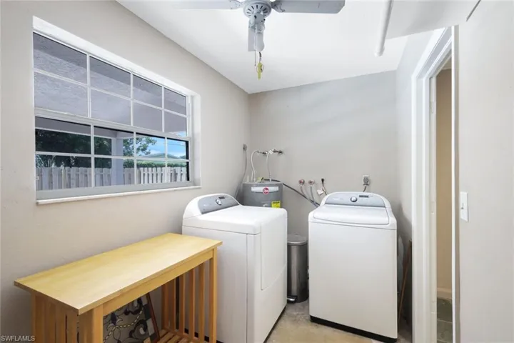 Laundry area with electric water heater, washing machine and dryer, and ceiling fan