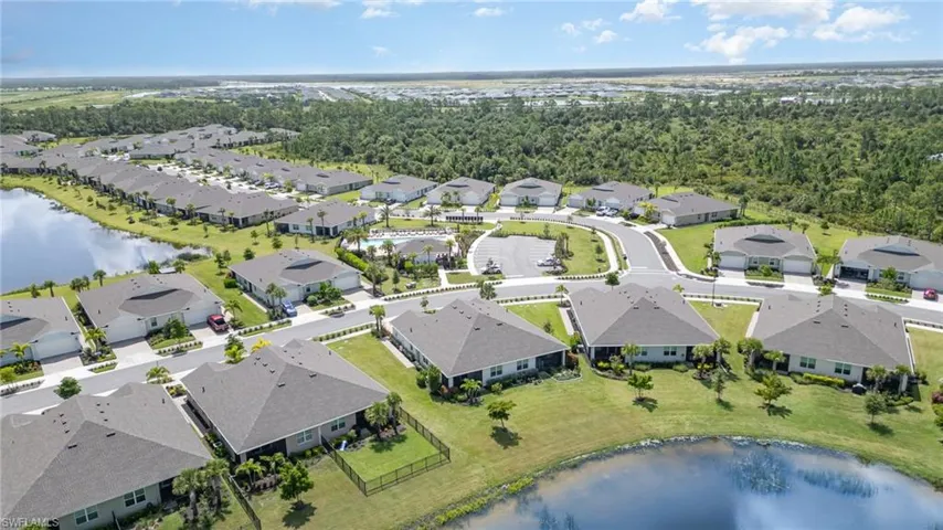 Aerial perspective of suburban area with a large body of water