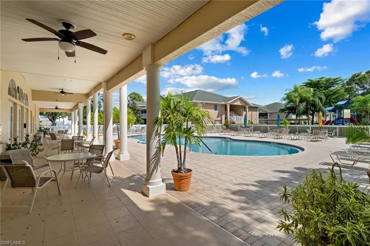 View of pool with ceiling fan and a patio area