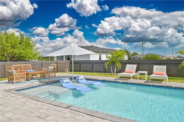 View of swimming pool featuring a fenced in pool, a patio area, and fence