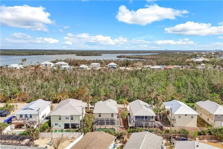Birds eye view of property with a water view