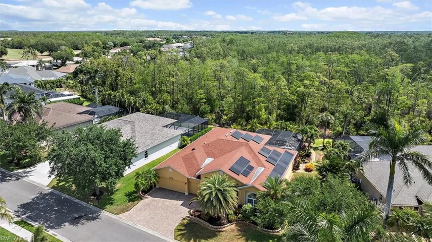 Birds eye view of property with a residential view and a wooded view