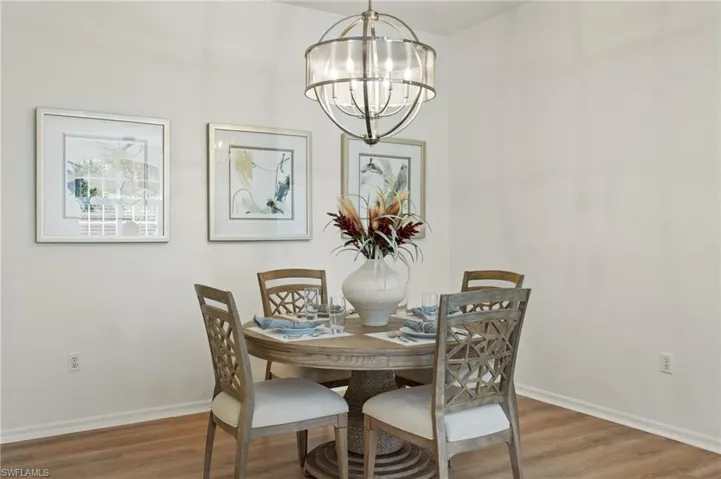 Dining room with an inviting chandelier