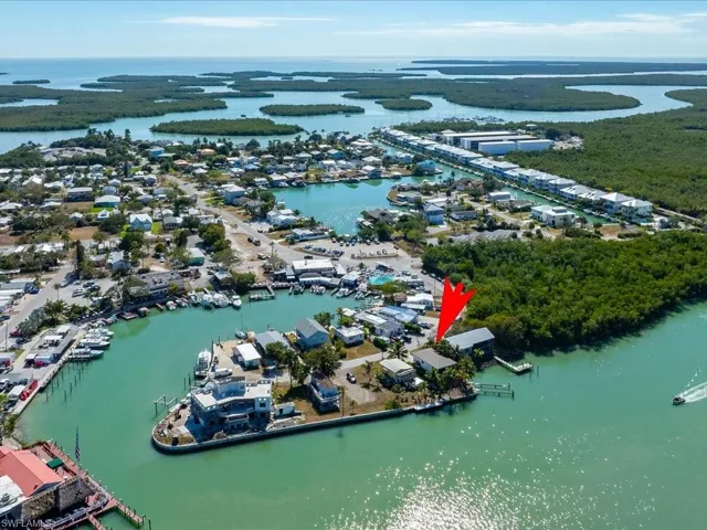 Aerial overview of property's location with a large body of water