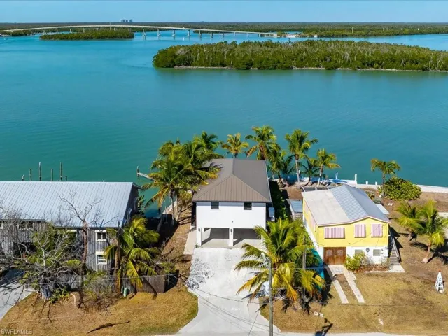 Bird's eye view of a large body of water and a notable bridge