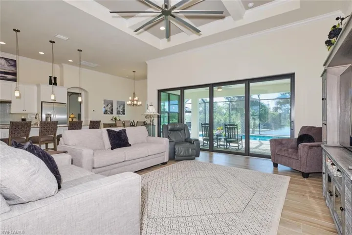 Great Room with Coffered 13' Ceiling and Crown Molding