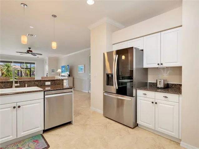 Kitchen with White Cabinetry, Stainless-Steel Dishwasher (Samsung) & French Door Refrigerator (LG 2024) & Granite Countertops
