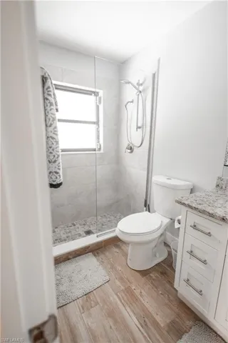 Bathroom featuring vanity, light wood-style floors, and a shower stall