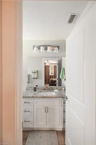 Bathroom with vanity and dark wood-type flooring