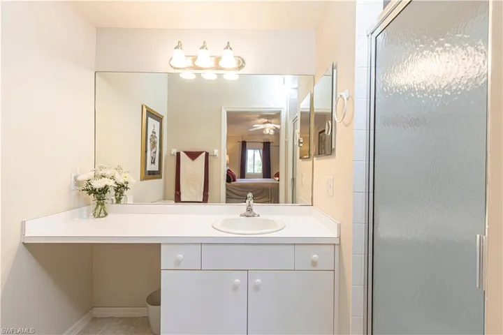 Bathroom with vanity and a shower with shower door
