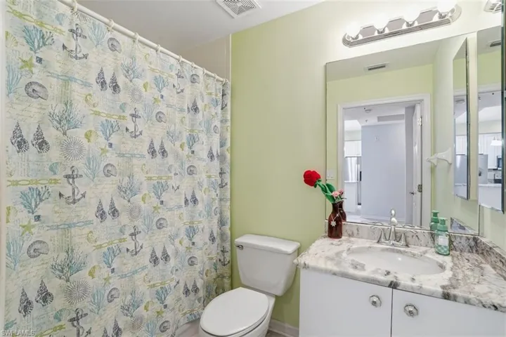 Bathroom with a shower with curtain and vanity