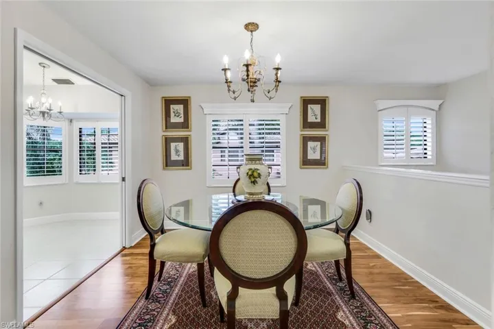 Dining room featuring a chandelier, a healthy amount of sunlight and  wood flooring