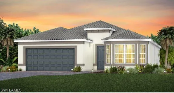 View of front of home featuring a tiled roof, an attached garage, stucco siding, a front lawn, and driveway