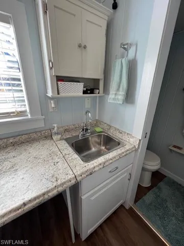 Kitchen with white cabinetry, sink, and dark hardwood / wood-style flooring
