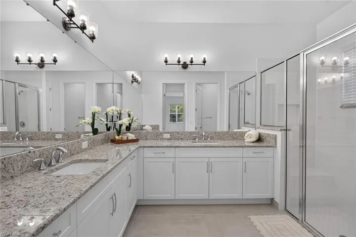 Spacious bathroom featuring a dual vanity with light-toned granite countertops and white cabinetry
