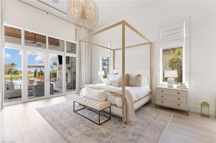 Bedroom featuring light wood finished floors, access to outside, and french doors