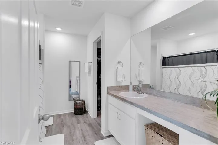 Bathroom featuring wood-type flooring, decorative backsplash, vanity, and curtained shower