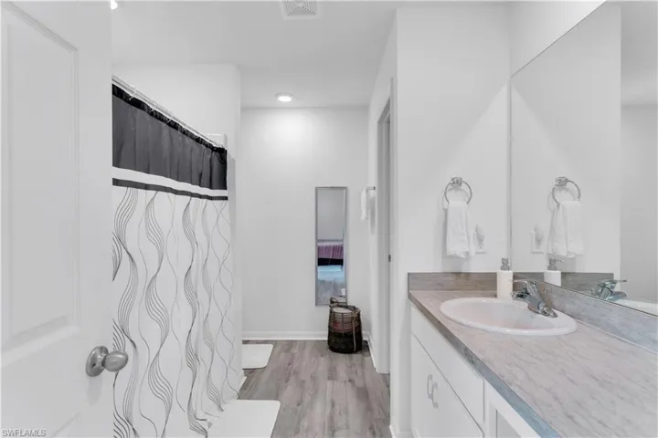 Bathroom with hardwood / wood-style flooring and vanity