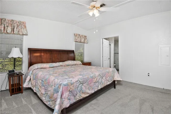 Bedroom with carpet flooring, ensuite bathroom, a ceiling fan, electric panel, and multiple windows