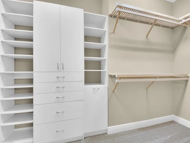 Master bedroom Walk in closet with carpet floors